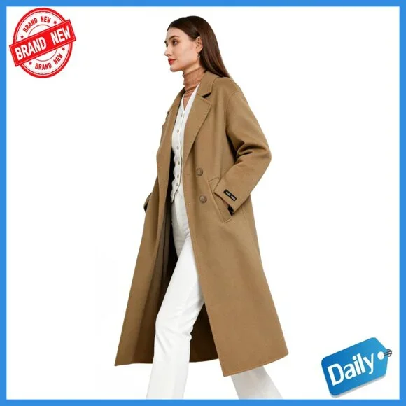 Long Wool Pea Coat Double Breasted Trench Jacket Winter Overcoat Lightweight - Picture 1 of 7